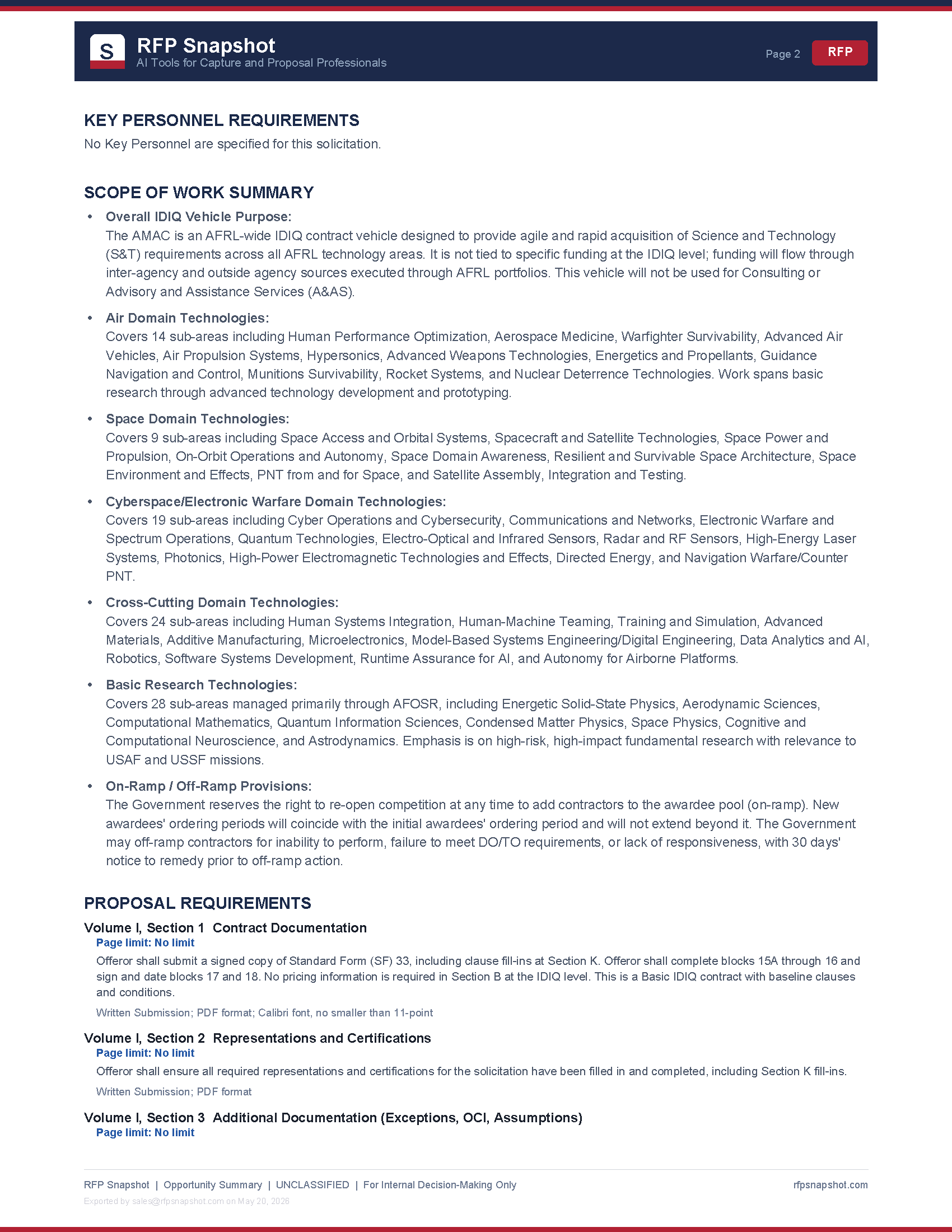 AMAC IDIQ Snapshot Page 2: Scope of work and S&T technology domains