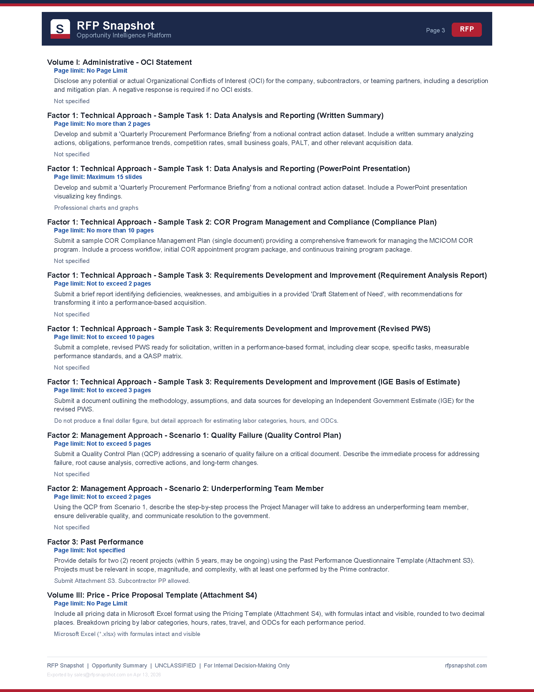 MCICOM Snapshot Page 3: Proposal requirements and evaluation criteria