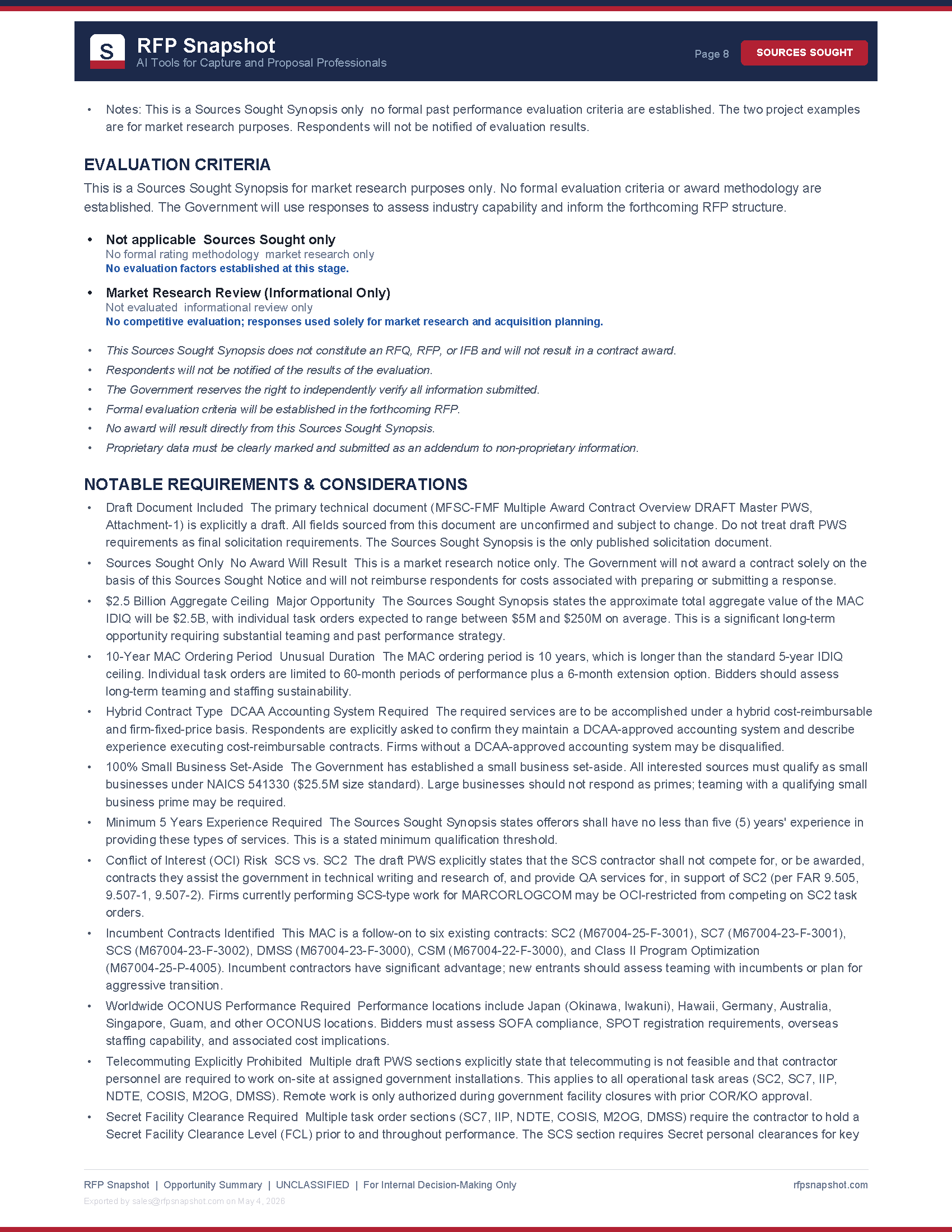 MFSC-FMF Snapshot Page 4: Notable requirements and considerations