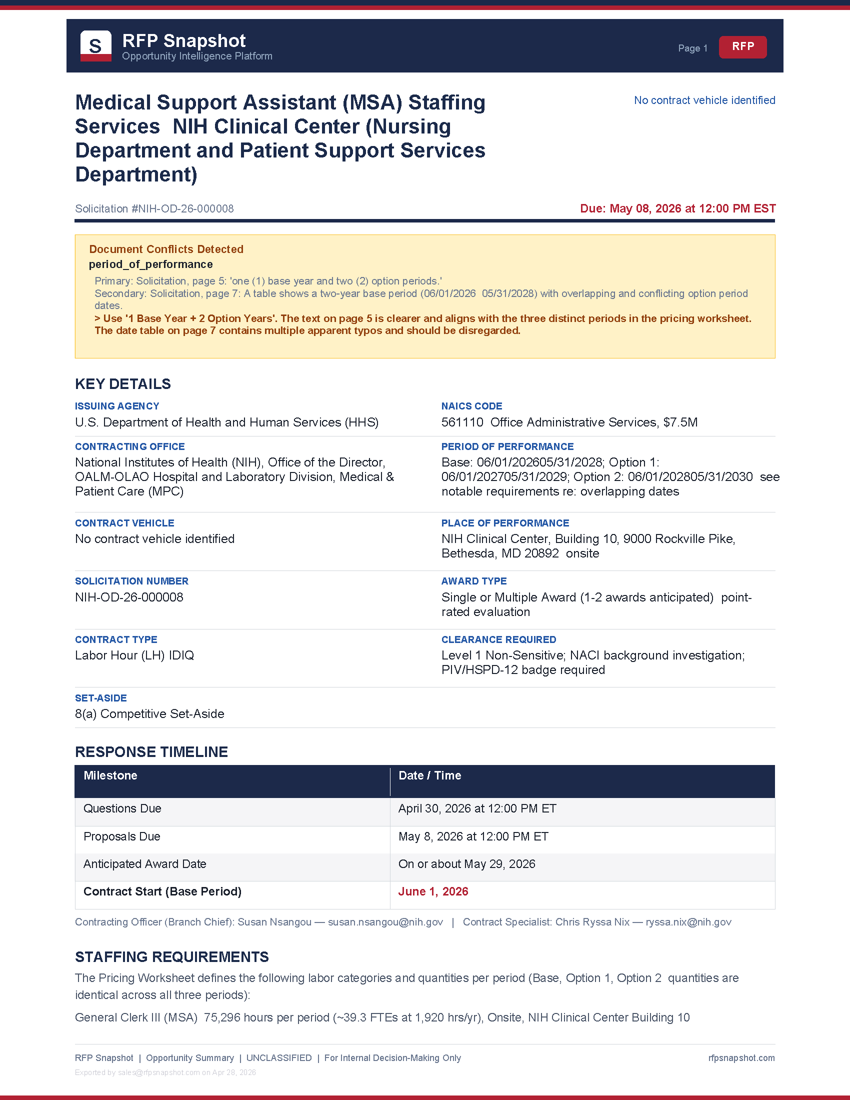 NIH MSA Snapshot Page 1: Key details, timeline, staffing