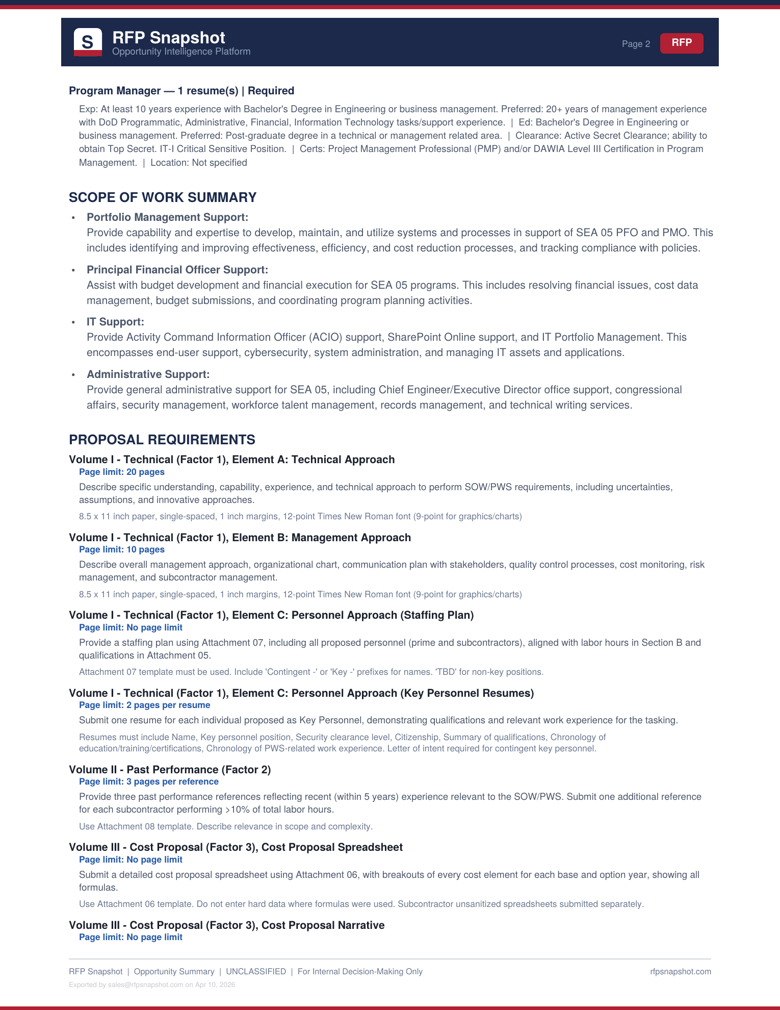 SEA 05 Snapshot Page 2: Staffing requirements and key personnel