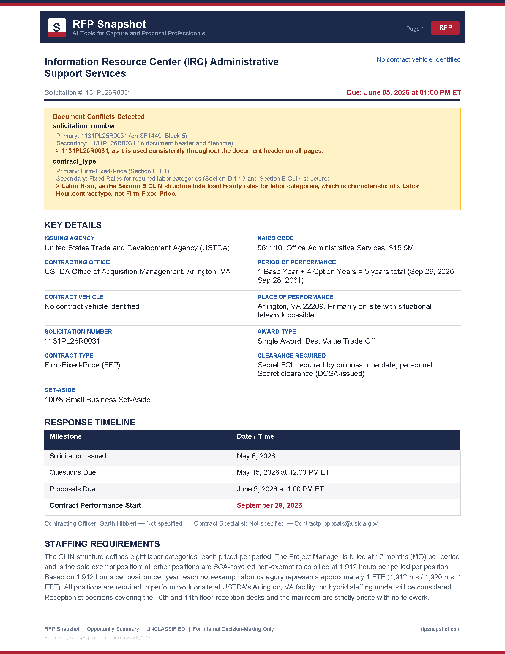 USTDA IRC Snapshot Page 1: Key details, timeline, staffing